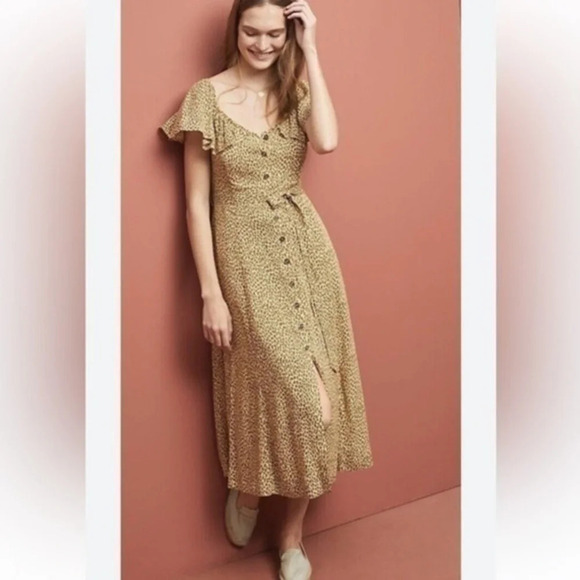 Anthropologie Bolano Leopard Print Romantic Ruffle Shoulder Dress Size 12 Large - Picture 5 of 9